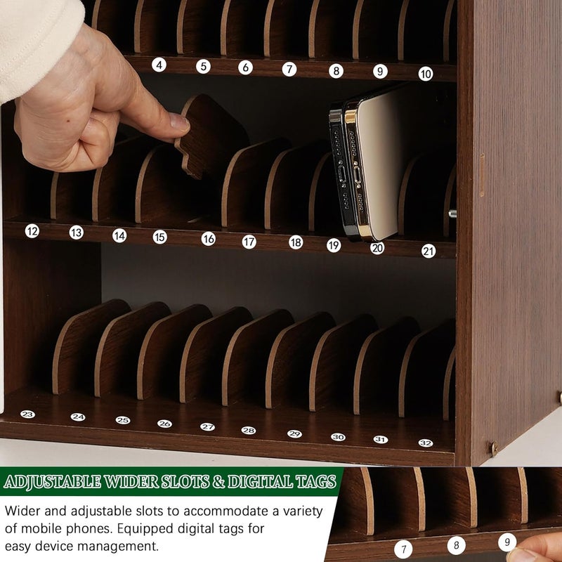 Echaprey Cell Phone Holder Classroom Adjustable 33 Slots Pocket Chart Wooden Cell Phone Storage Cabinet with Handle and Lock Desktop Cell Phone Holder for Classroom Office (Black Walnut) - Image 4